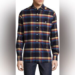 Psycho Bunny Navy Plaid Button-Down Shirt with Red and Yellow Accents